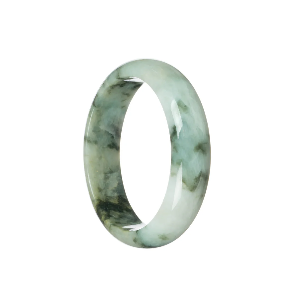 Genuine Grade A White with deep green flower Traditional Jade Bangle Bracelet - 58mm Semi Round - Image 2