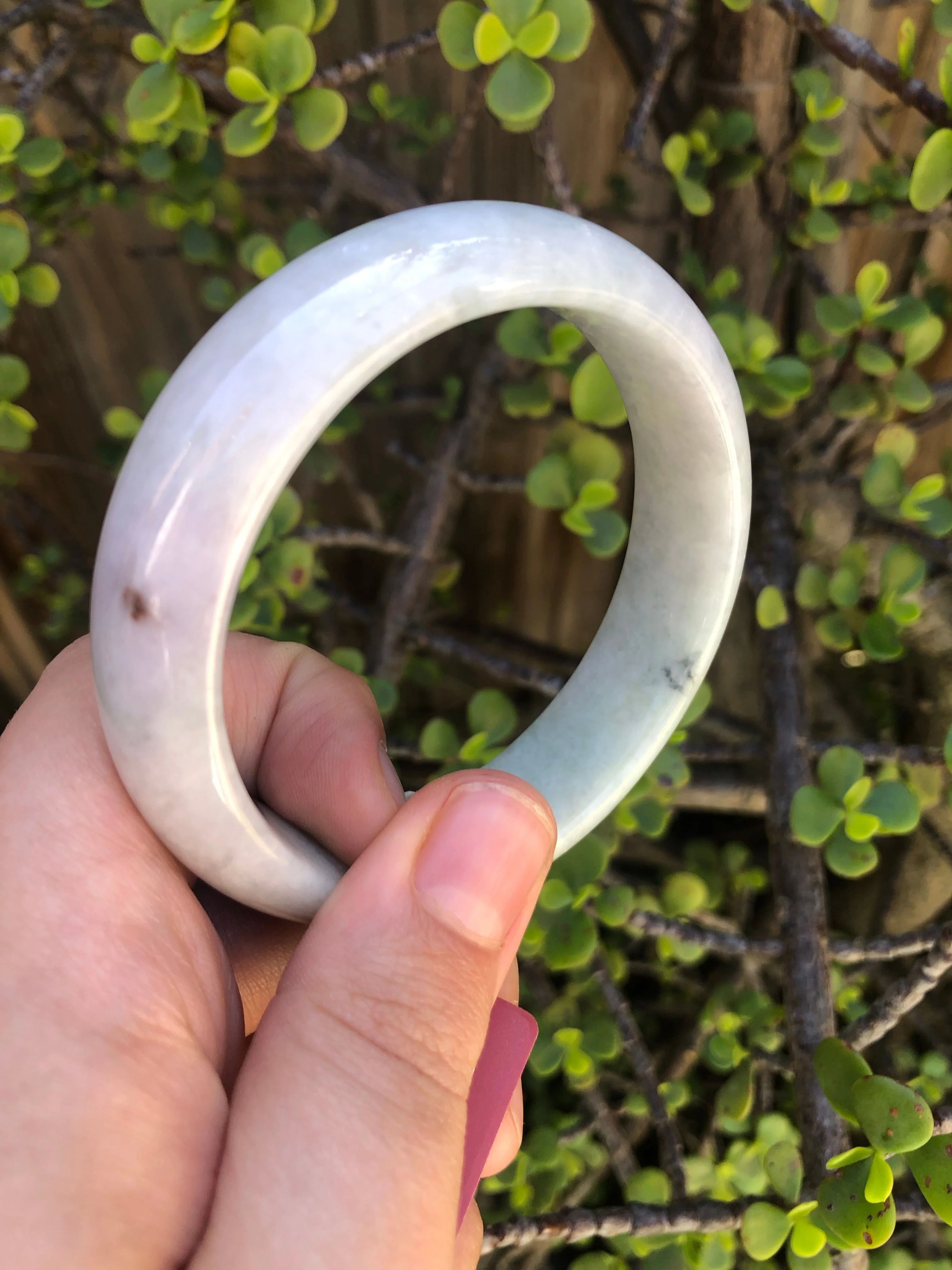 Certified Grade A Pale green with lavender Burma Jade Bangle - 59mm Half Moon - Image 4