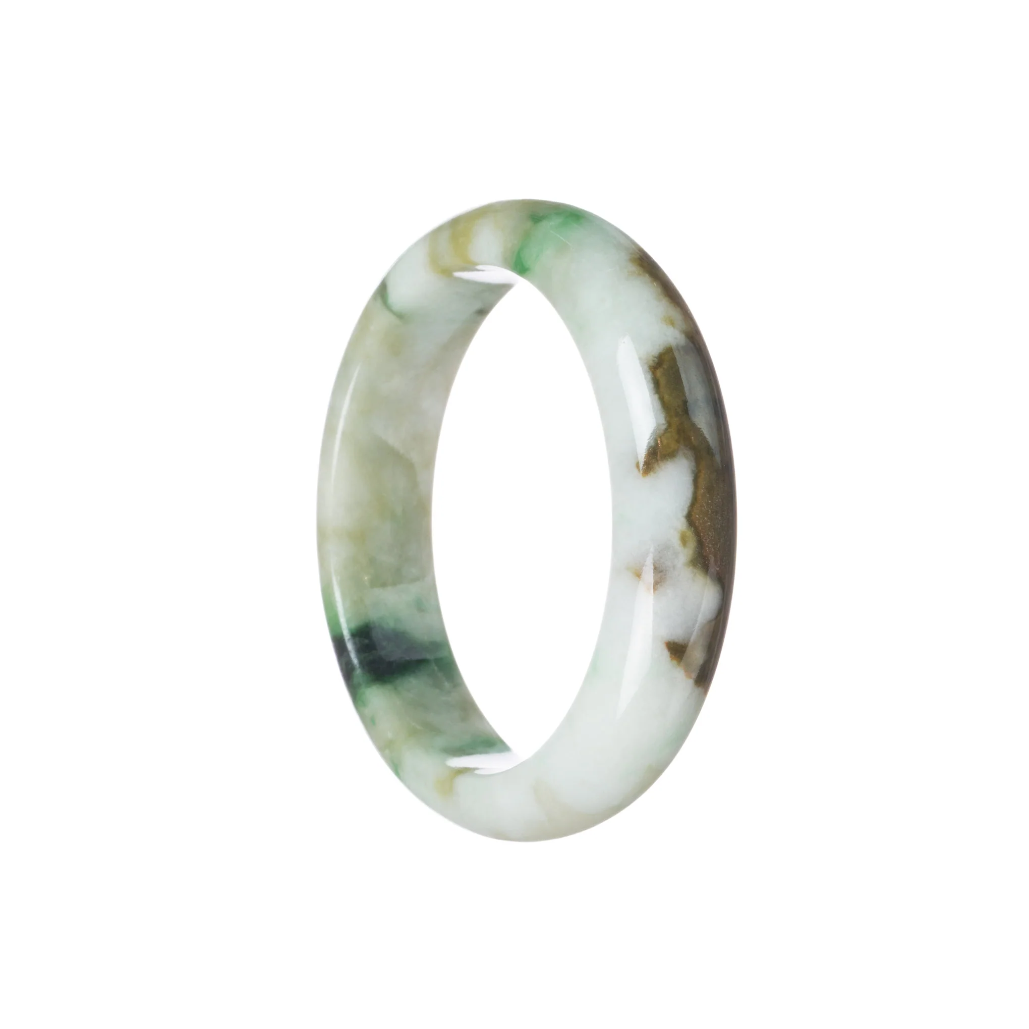 Authentic Type A Green, white with brown pattern Jade Bangle Bracelet - 55mm Half Moon - Image 2