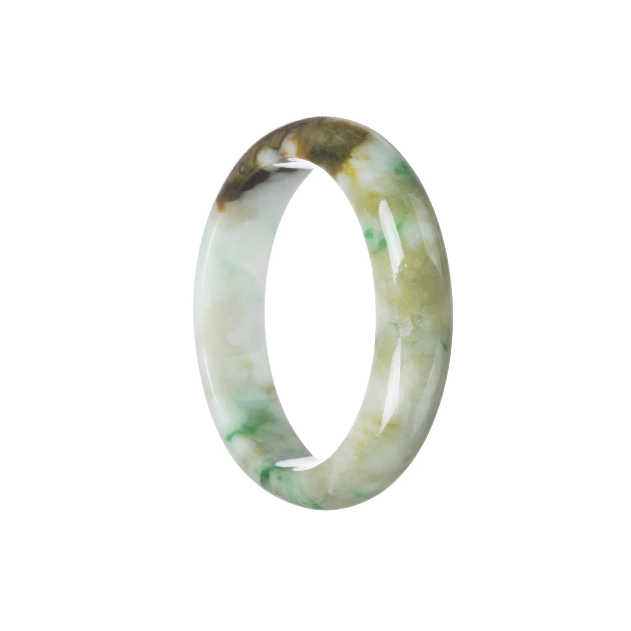 Authentic Type A Green, white with brown pattern Jade Bangle Bracelet - 55mm Half Moon - Image 3