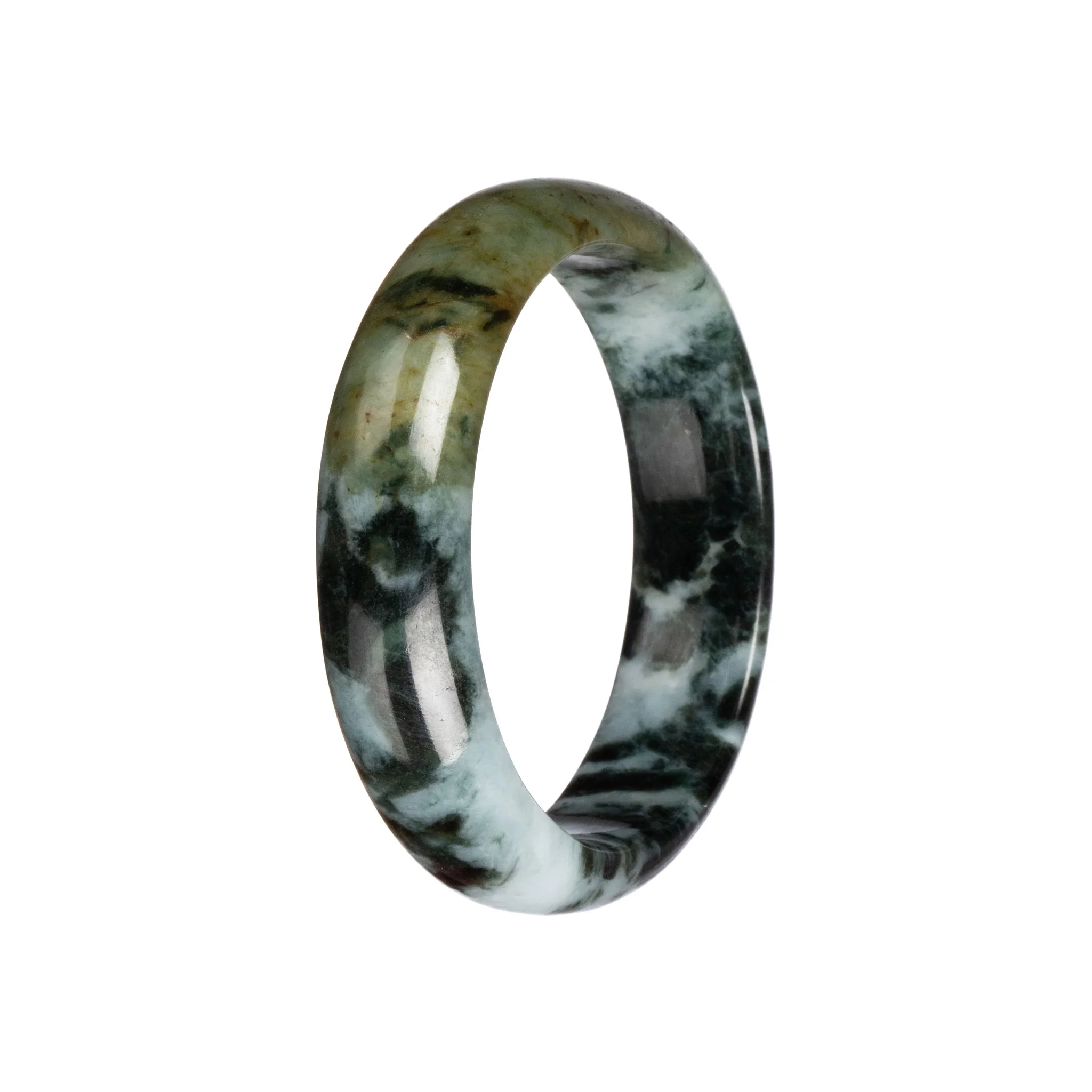 Genuine Pale Green and Black Pattern Burma Jade Bangle Bracelet - 58mm Half Moon - Image 2