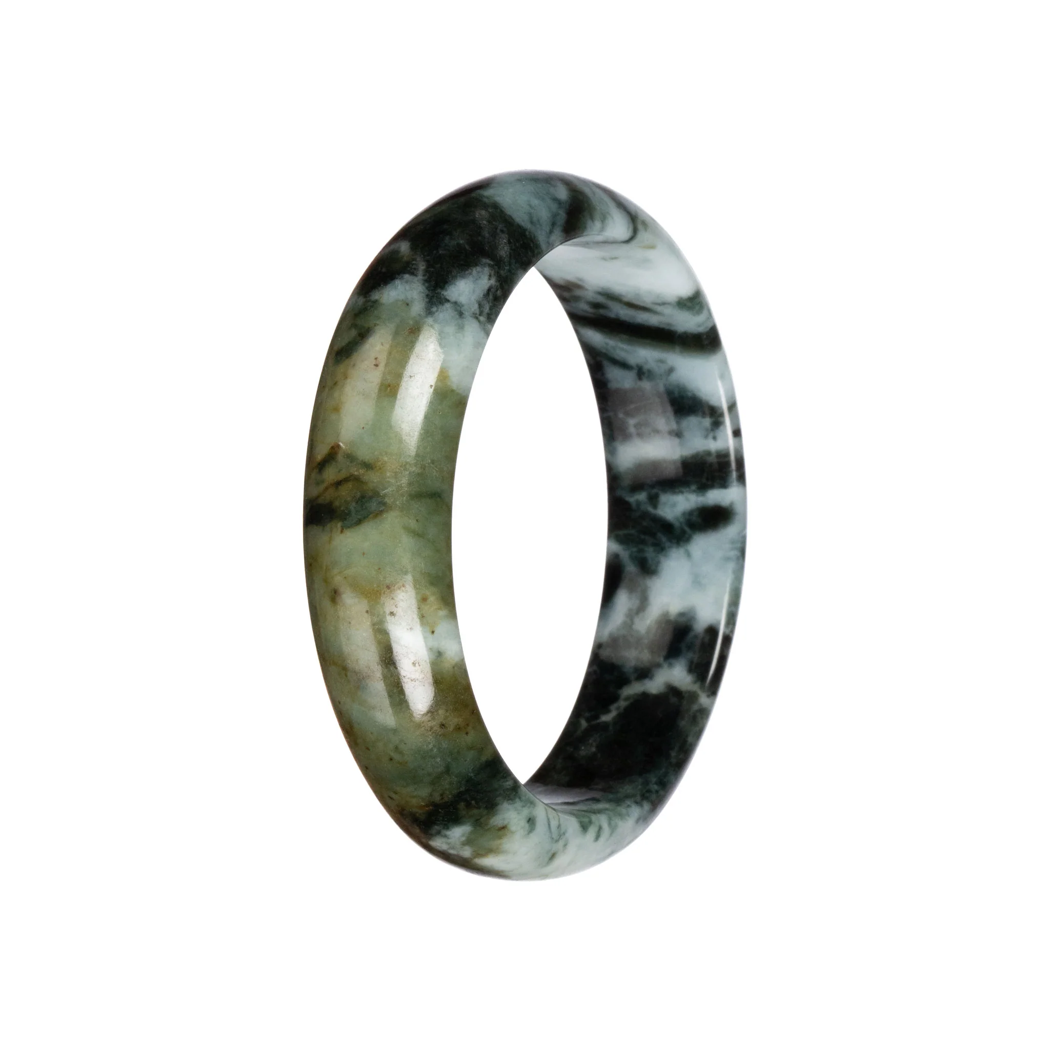 Genuine Pale Green and Black Pattern Burma Jade Bangle Bracelet - 58mm Half Moon - Image 3