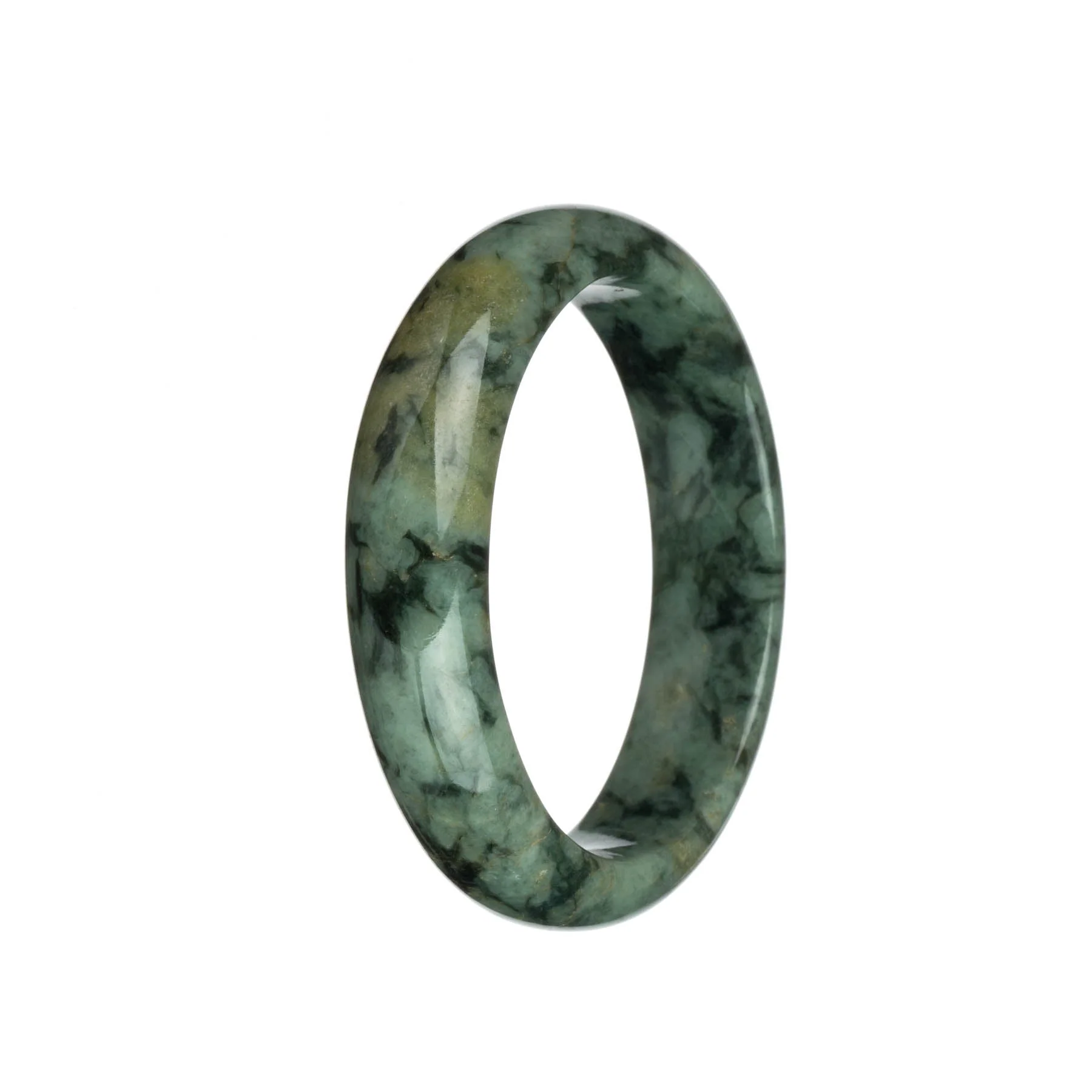 Genuine Untreated Green with Dark Green and Light Brown Patterns Jadeite Bangle - 60mm Half Moon - Image 3