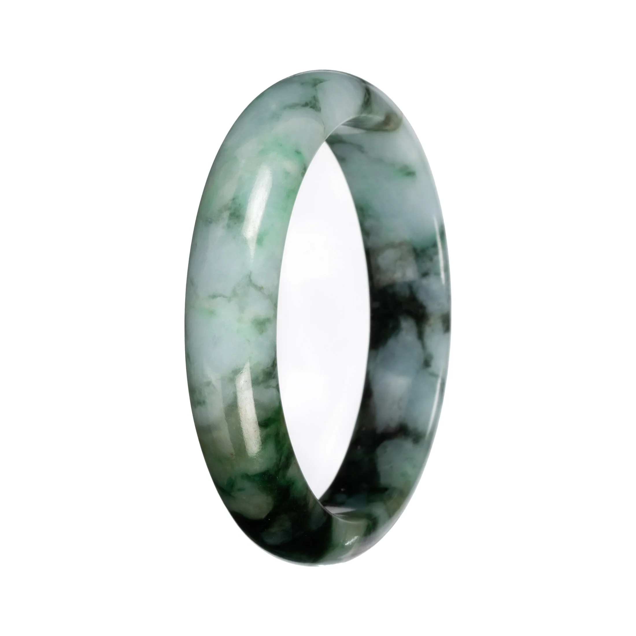 Grade A Green with Deep Green Pattern Jadeite Bangle Bracelet - 54mm Half Moon - Image 5