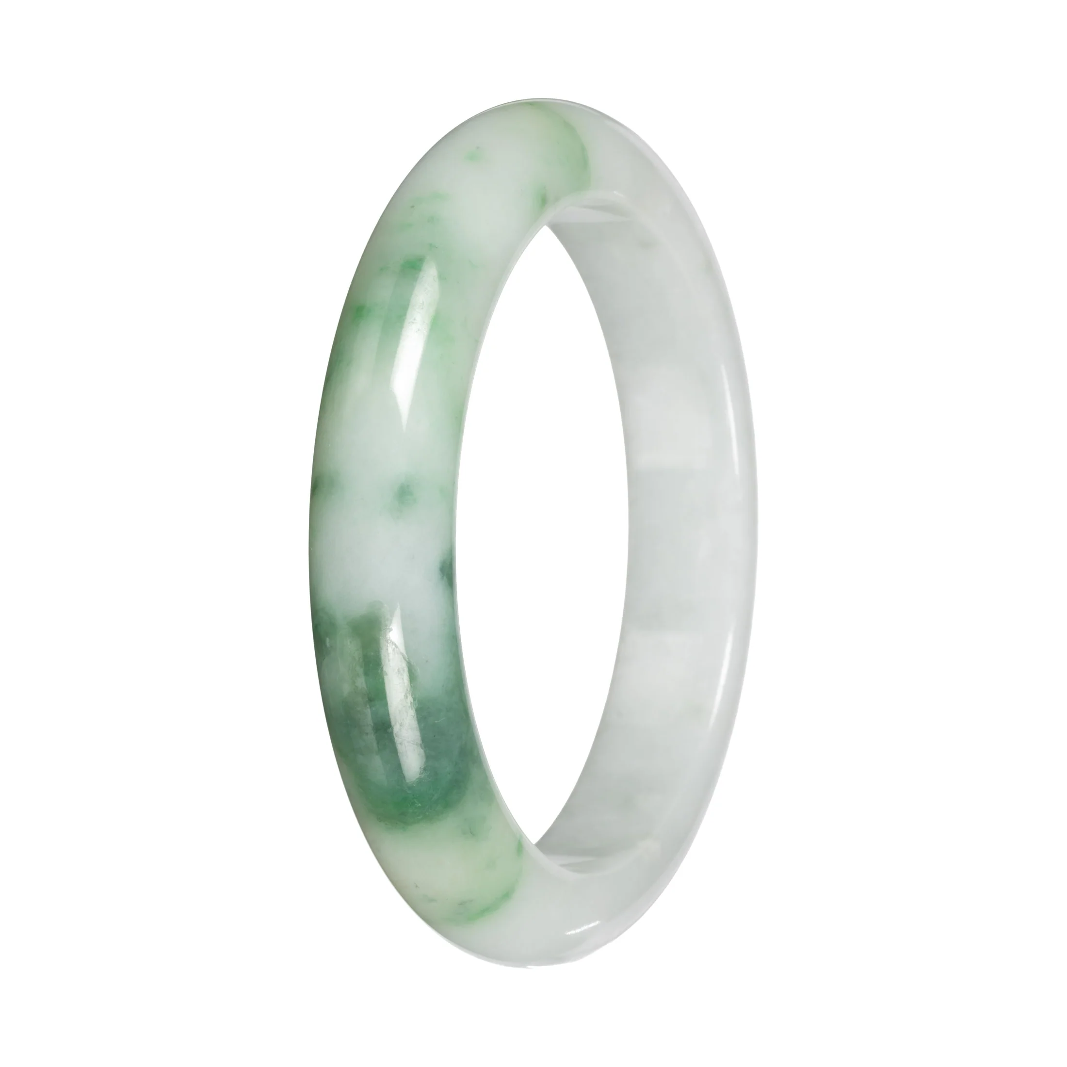 Grade A White with Apple Green Pattern Traditional Jade Bangle - 55mm Half Moon - Image 5
