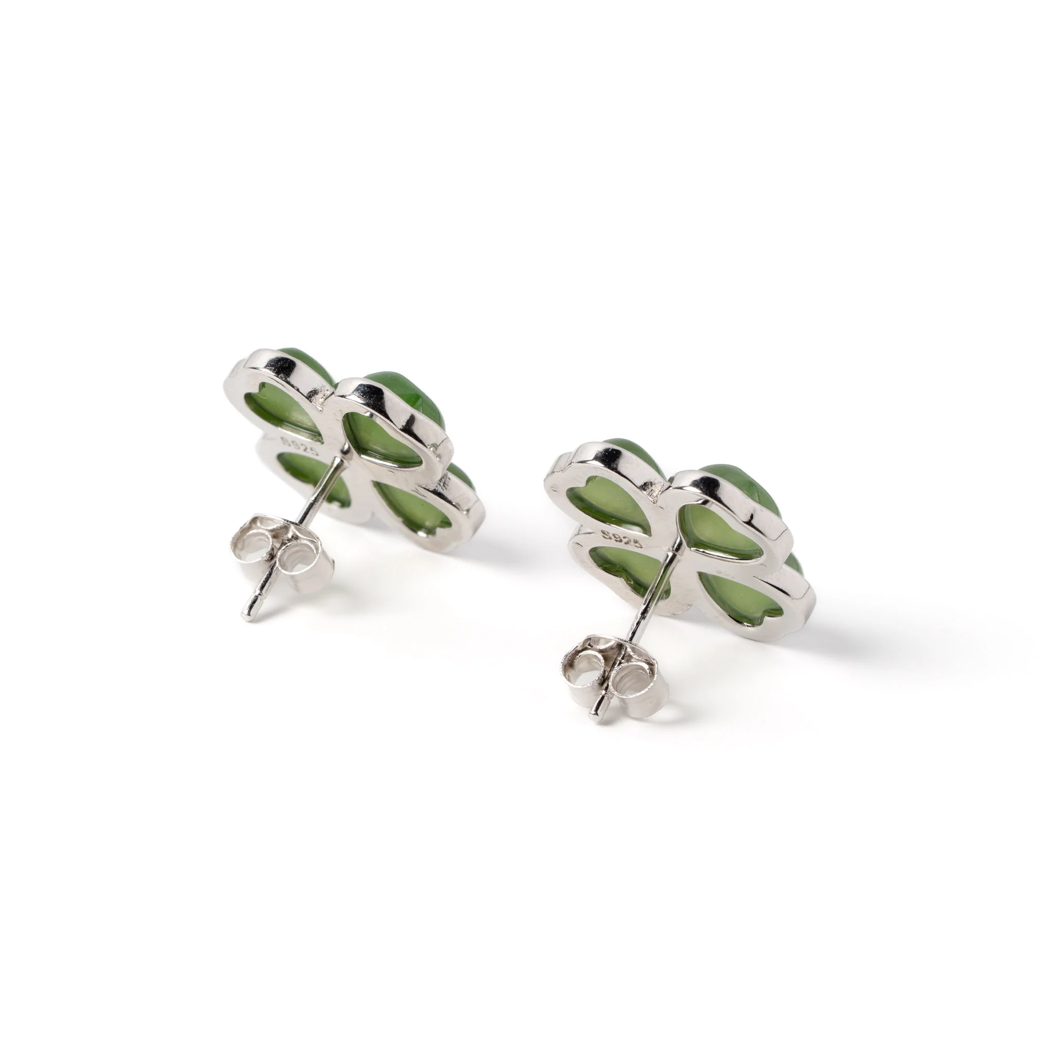 Jade Clover Charm Studs – Green Jade Clover Stud Earrings in Sterling Silver - Image 3