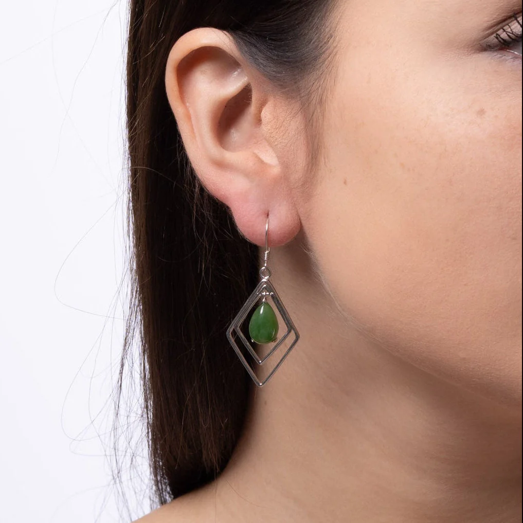 Jade Prism – Green Jade Teardrop Earrings with Double Diamond Frame in Sterling Silver - Image 3