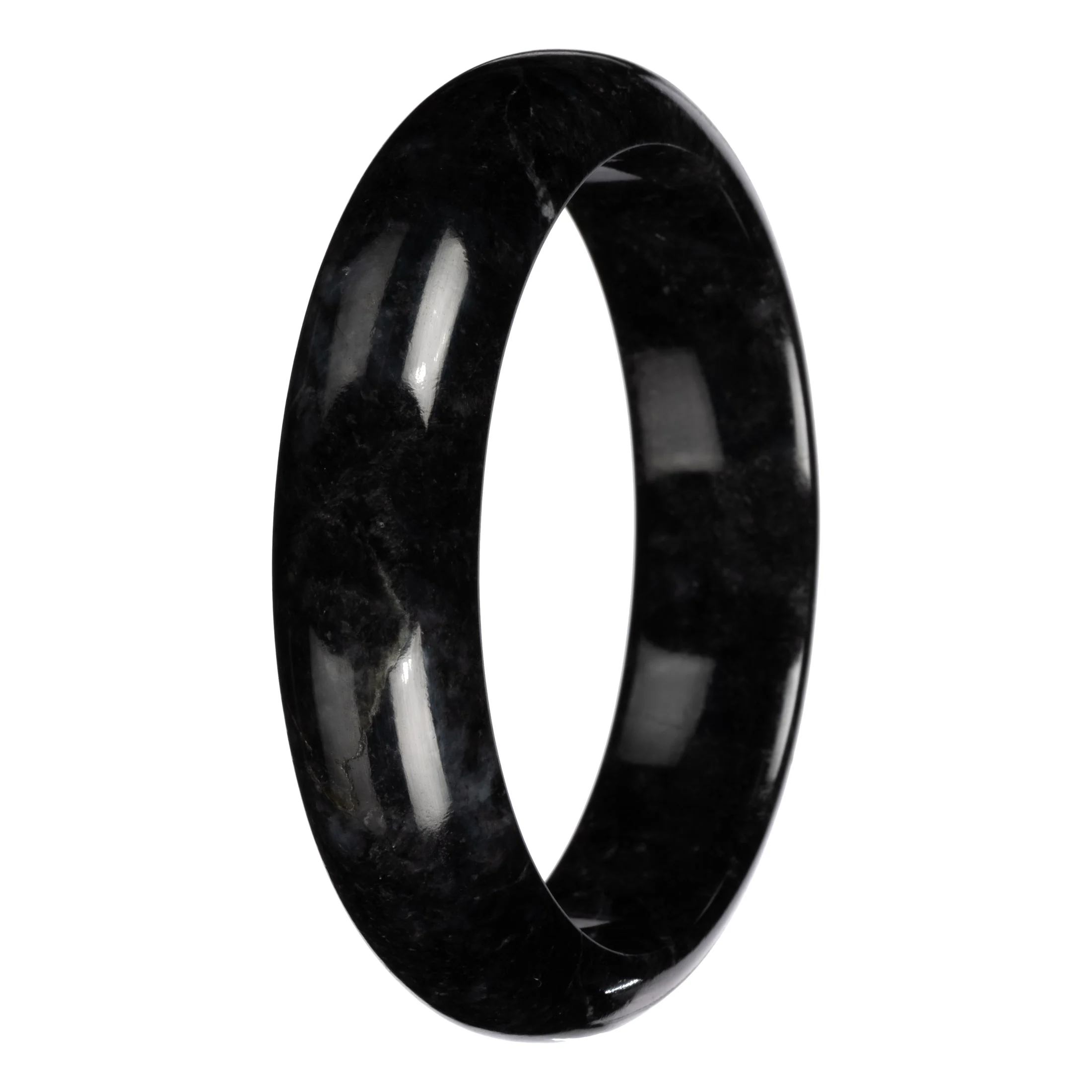 Natural Black with Dark Gray Pattern Burmese Jade Bangle Bracelet - 63mm Half Moon