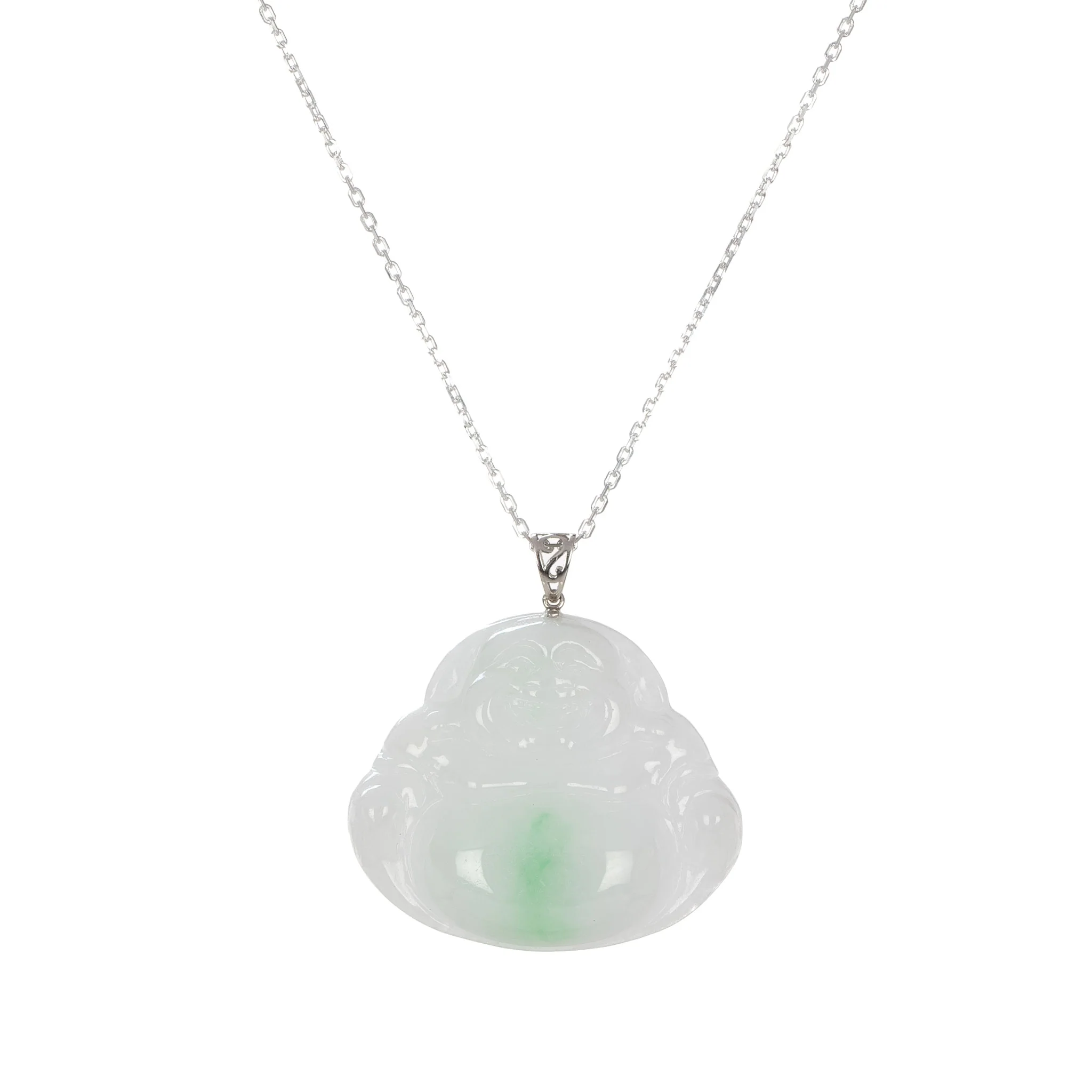 Natural Lucky Buddha Jade Necklace - 18K White Gold