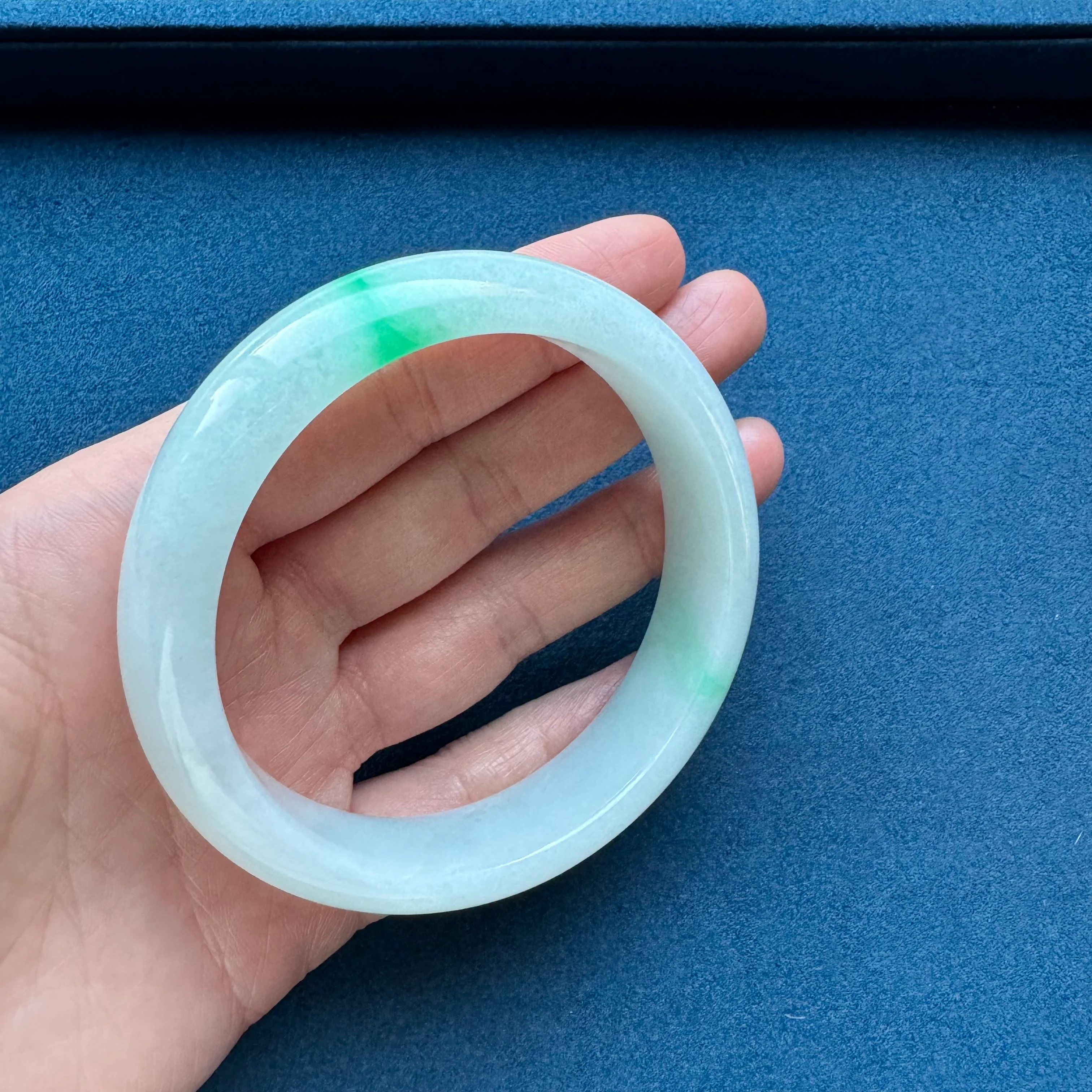 Real Grade A White with Emerald Green Jadeite Jade Bangle Bracelet - 58mm Half Moon - Image 4