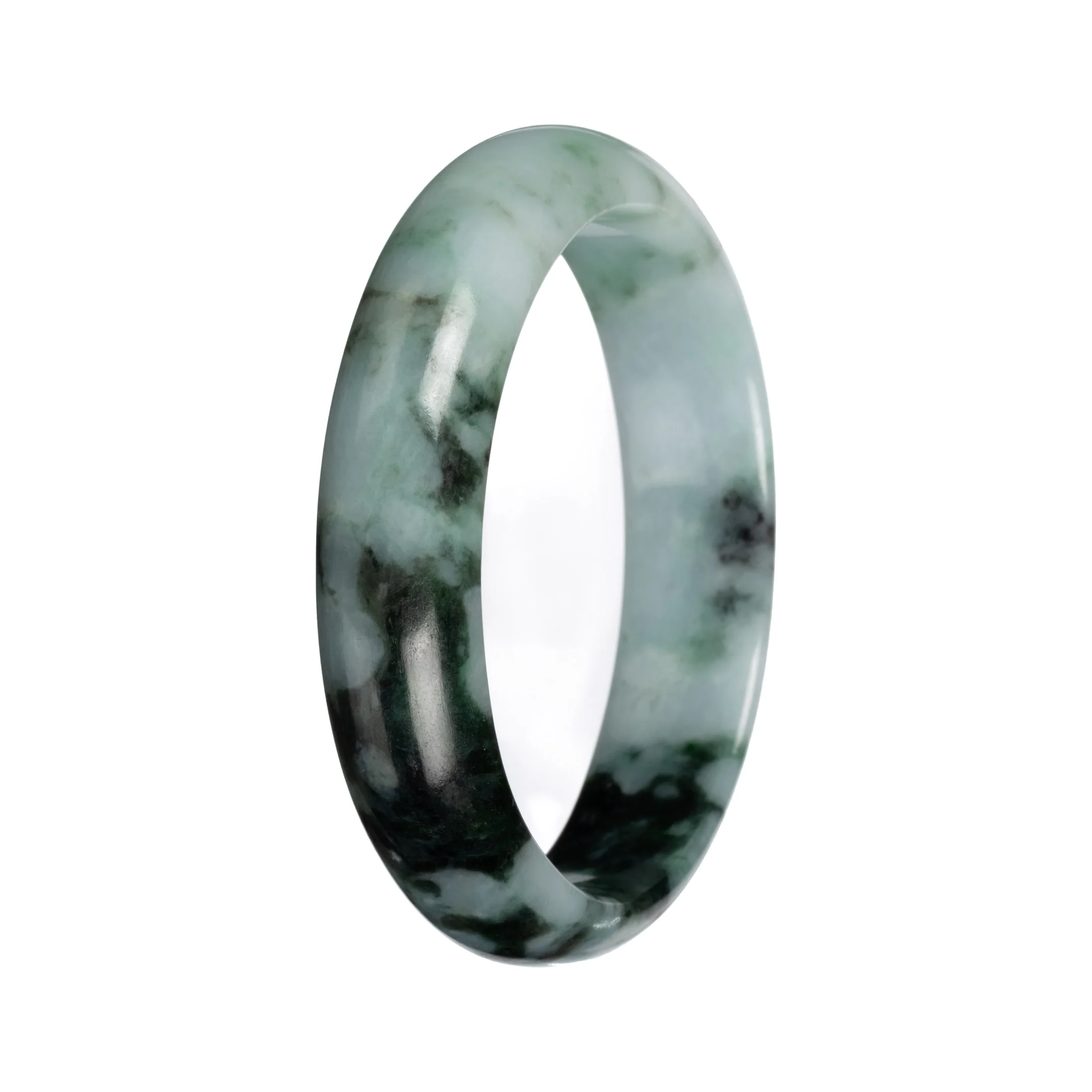 Real Light Green with Deep Green Pattern Burmese Jade Bangle Bracelet - 54mm Half Moon - Image 3