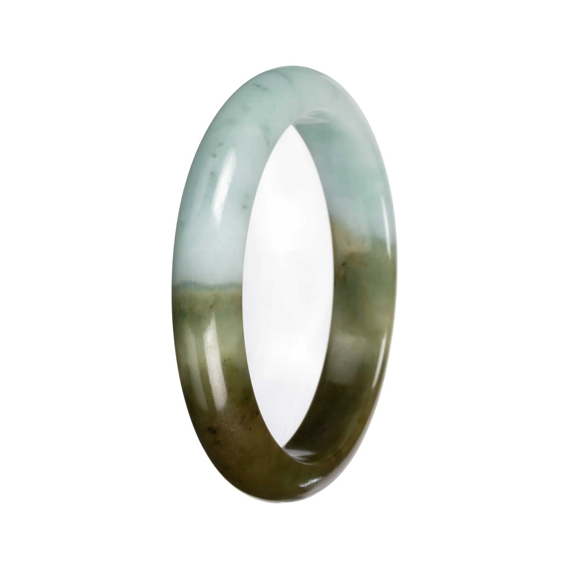 Real Light Green with Deep Olive Section Burmese Jade Bangle - 53mm Half Moon - Image 2