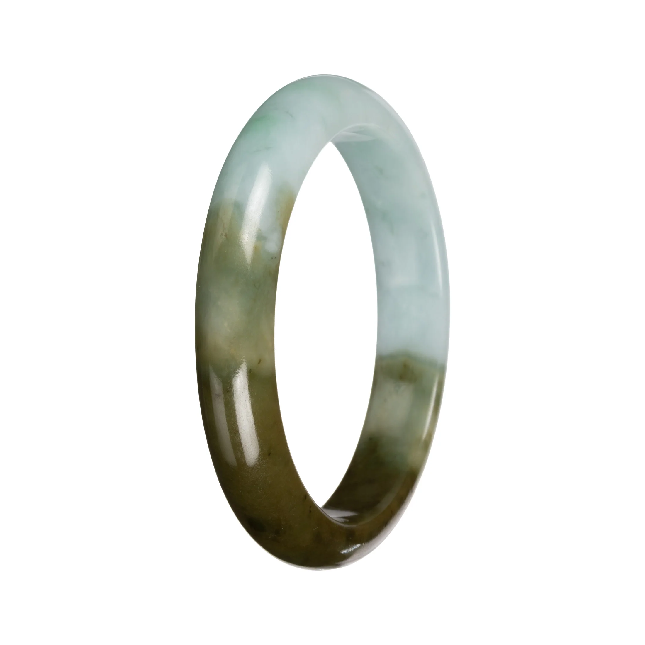 Real Light Green with Deep Olive Section Burmese Jade Bangle - 53mm Half Moon - Image 3