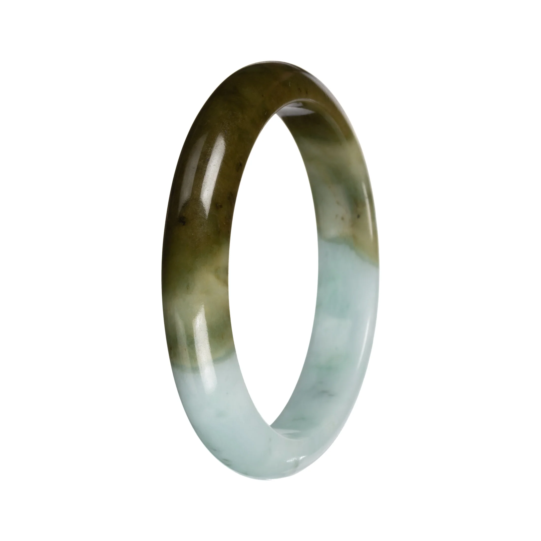 Real Light Green with Deep Olive Section Burmese Jade Bangle - 53mm Half Moon - Image 4