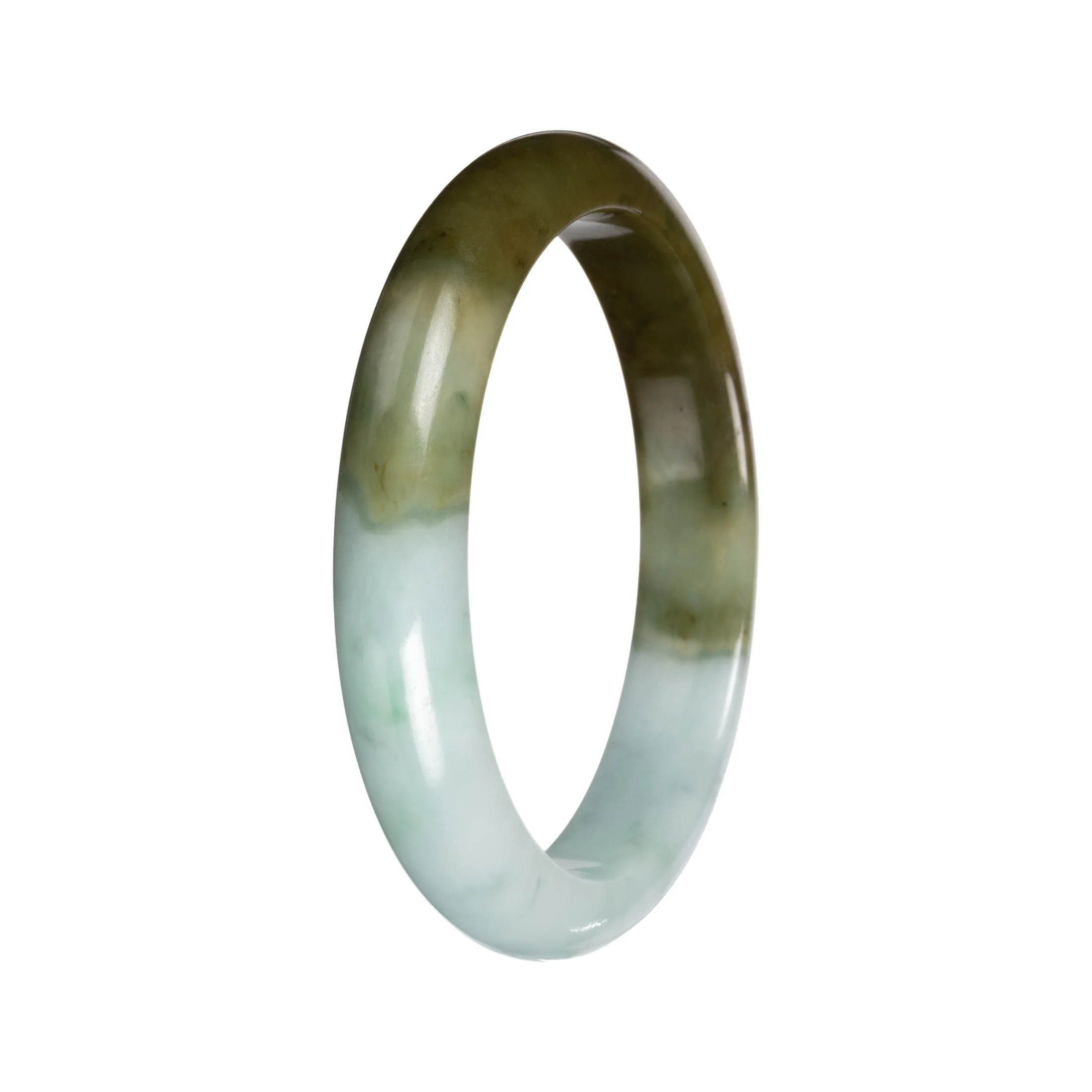 Real Light Green with Deep Olive Section Burmese Jade Bangle - 53mm Half Moon - Image 5
