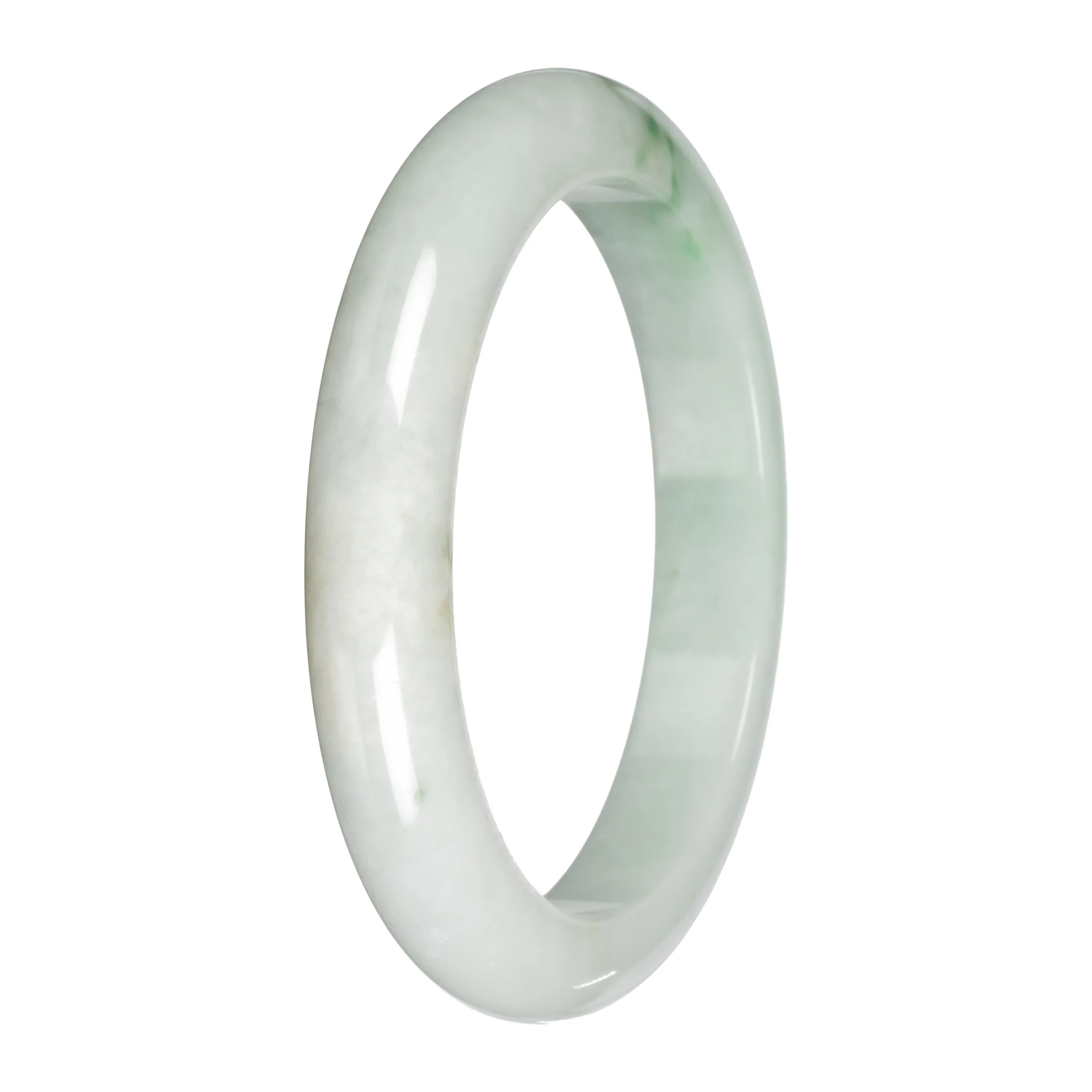 Real White with Light Green Pattern Burmese Jade Bangle - 59mm Half Moon - Image 2