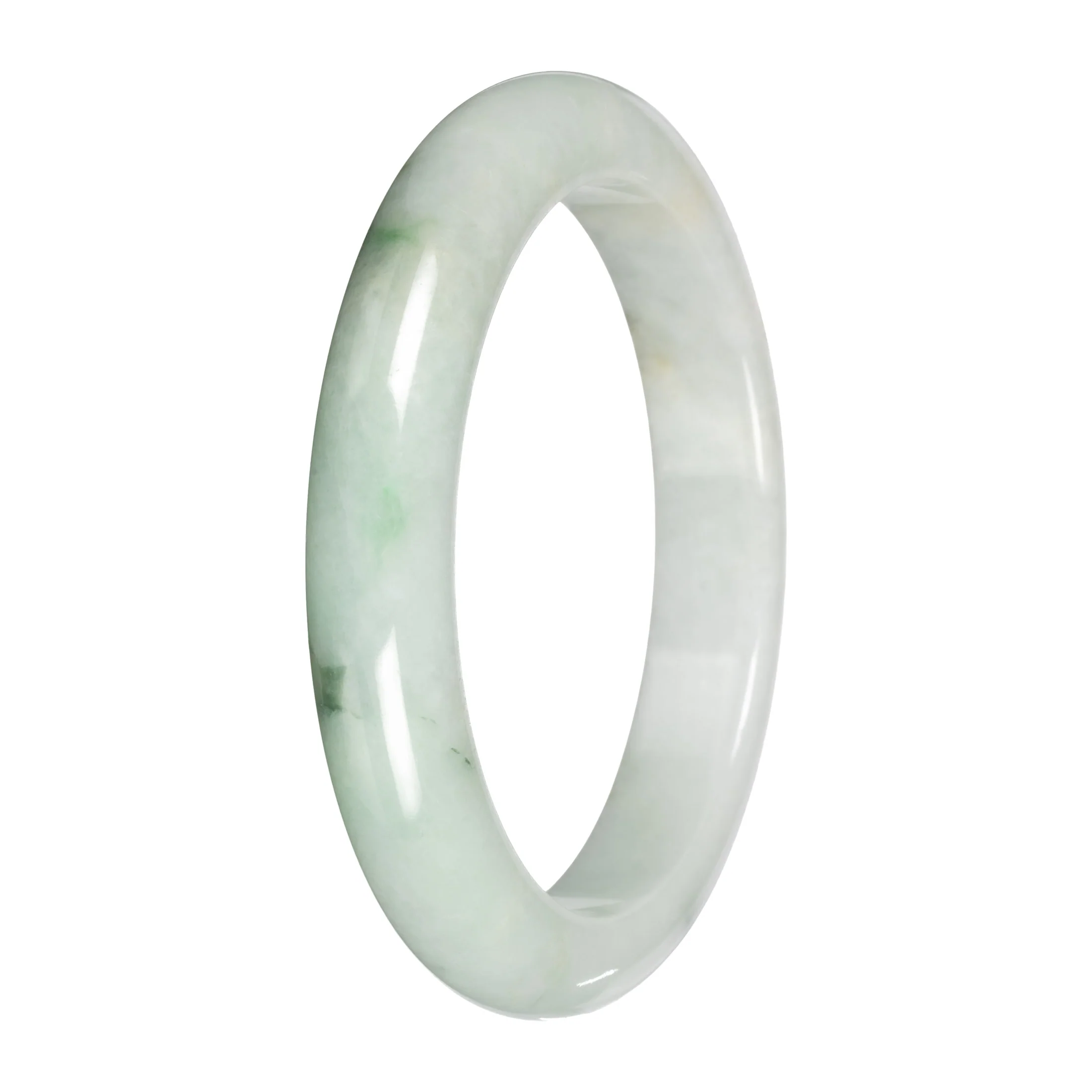 Real White with Light Green Pattern Burmese Jade Bangle - 59mm Half Moon - Image 3