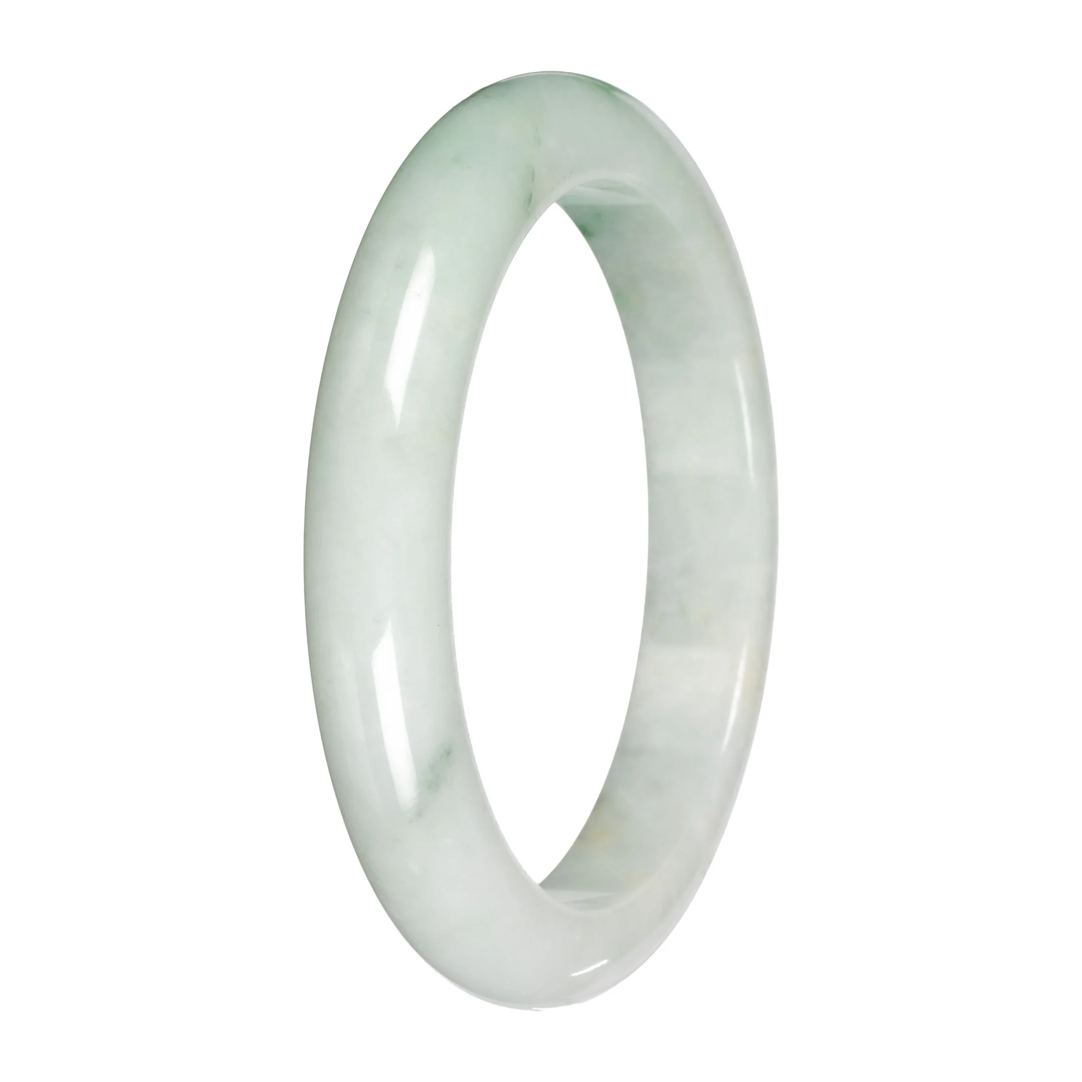 Real White with Light Green Pattern Burmese Jade Bangle - 59mm Half Moon - Image 4