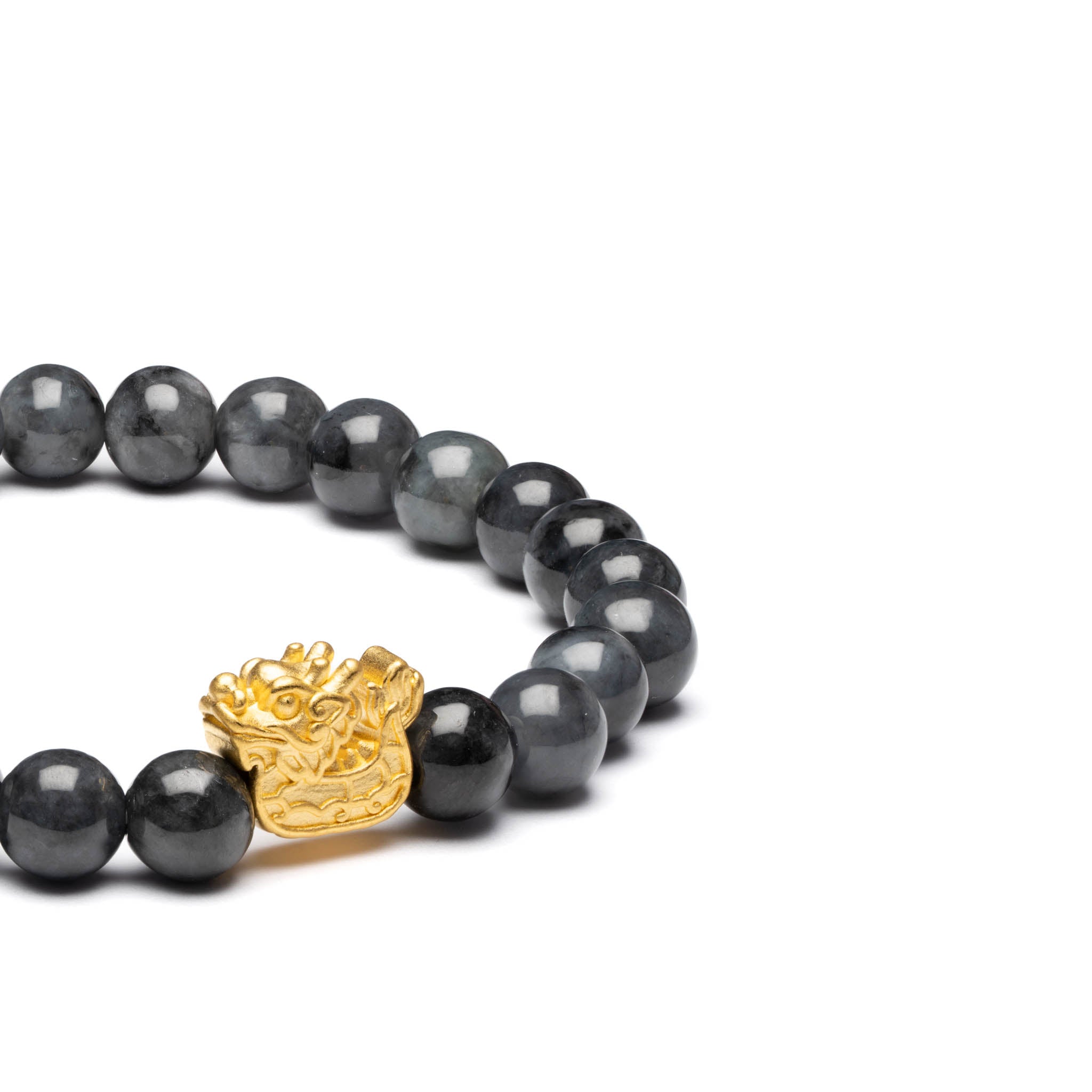 Small Grey and Black Jadeite Jade Bead Bracelet with 24k Gold Dragon - 7mm - Image 2