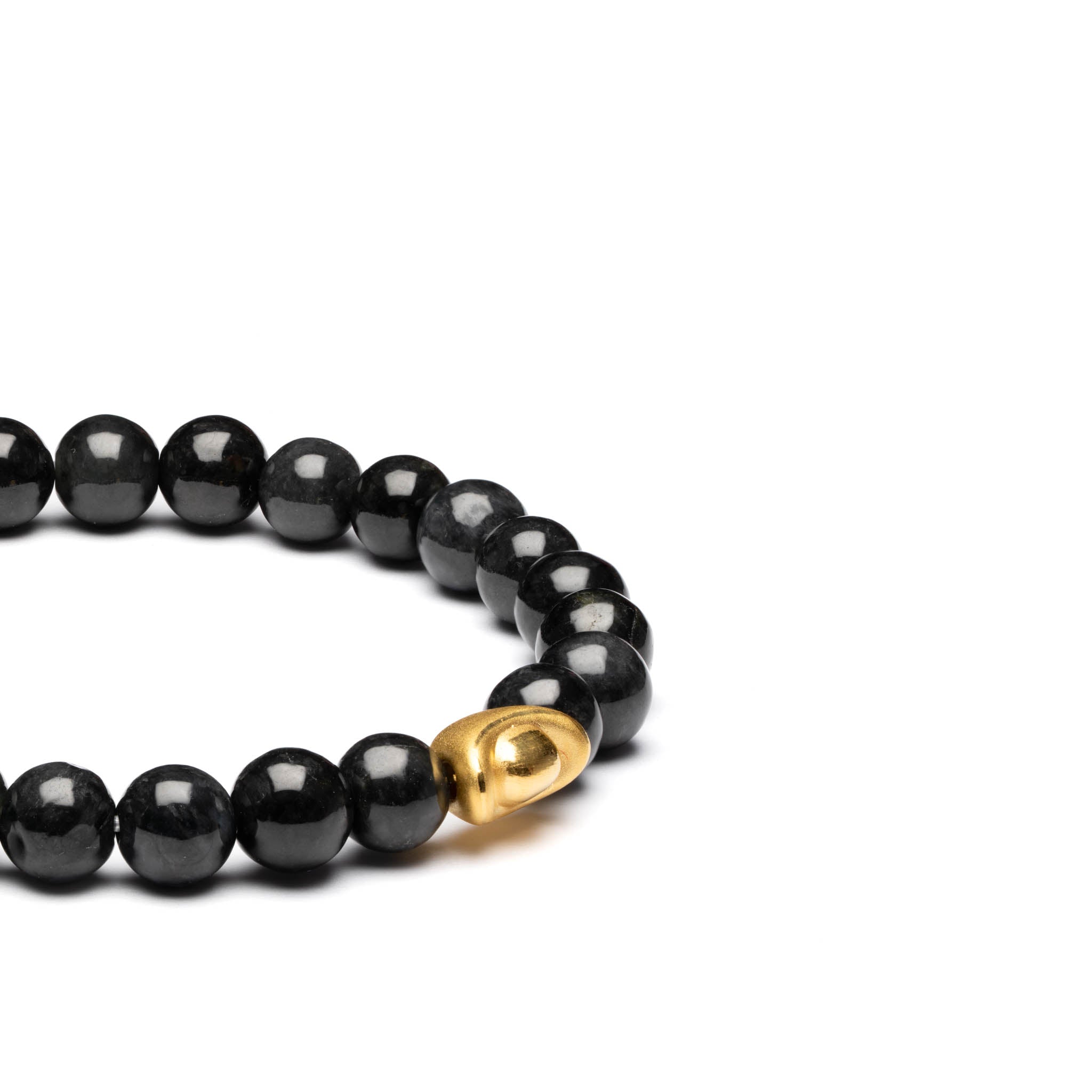 Small Grey and Black Jadeite Jade Bead Bracelet with 24k Gold Ingot - 7mm - Image 2