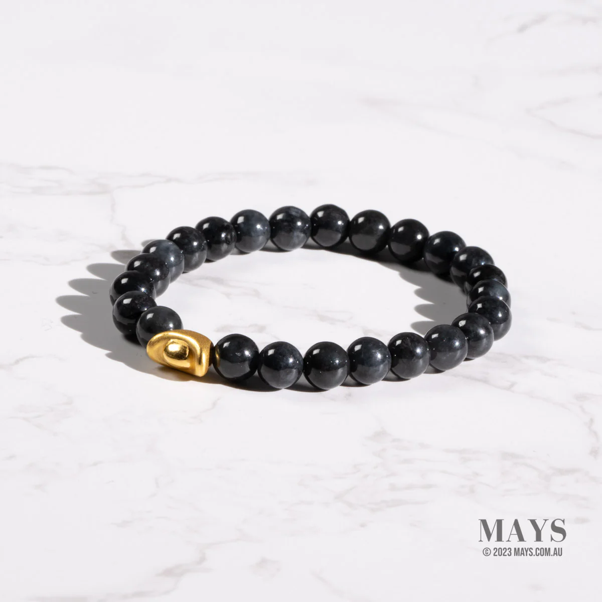 Small Grey and Black Jadeite Jade Bead Bracelet with 24k Gold Ingot - 7mm - Image 4