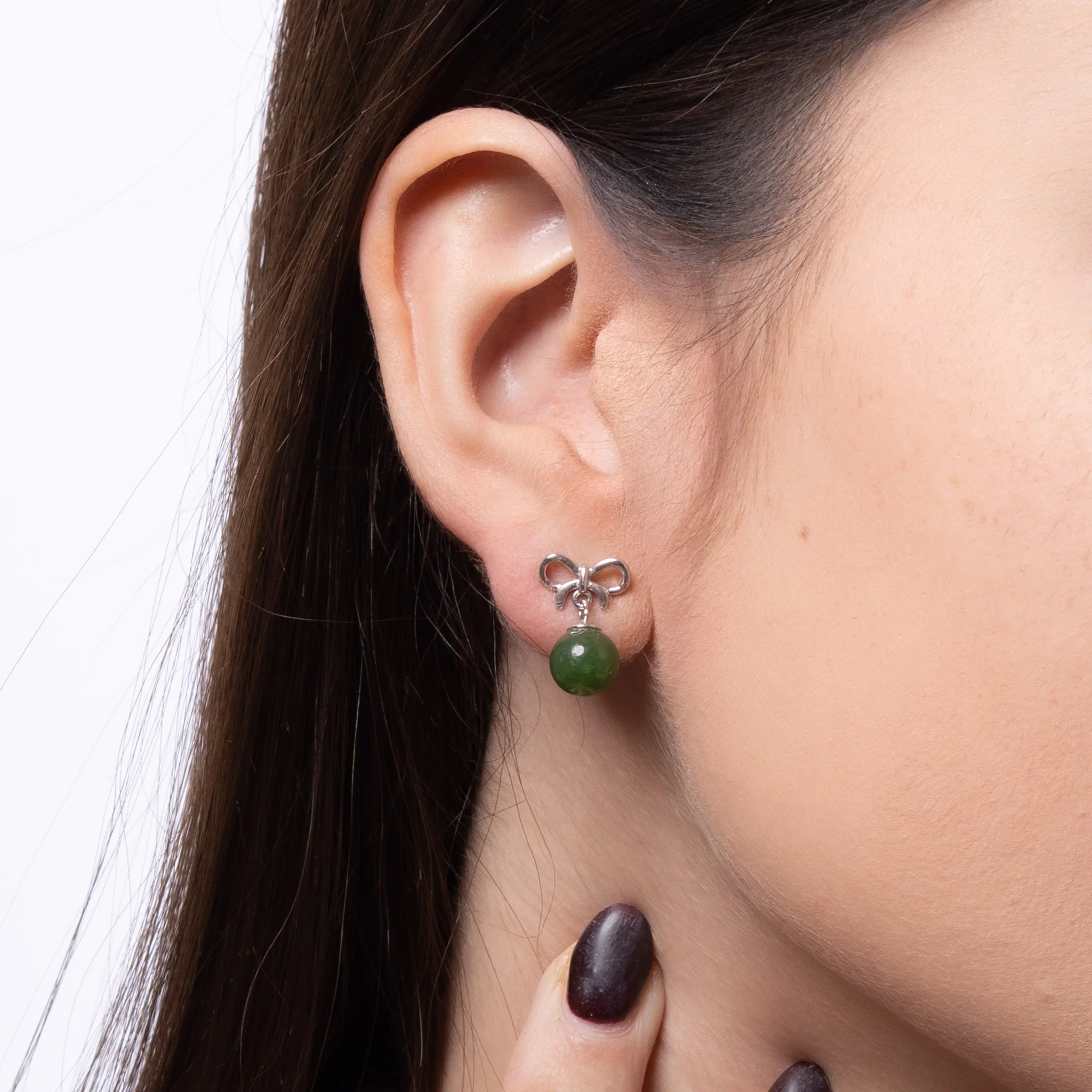 Sterling Silver Bow Stud Earrings with Green Jade Drops – 925 Fine Jewellery - Image 3