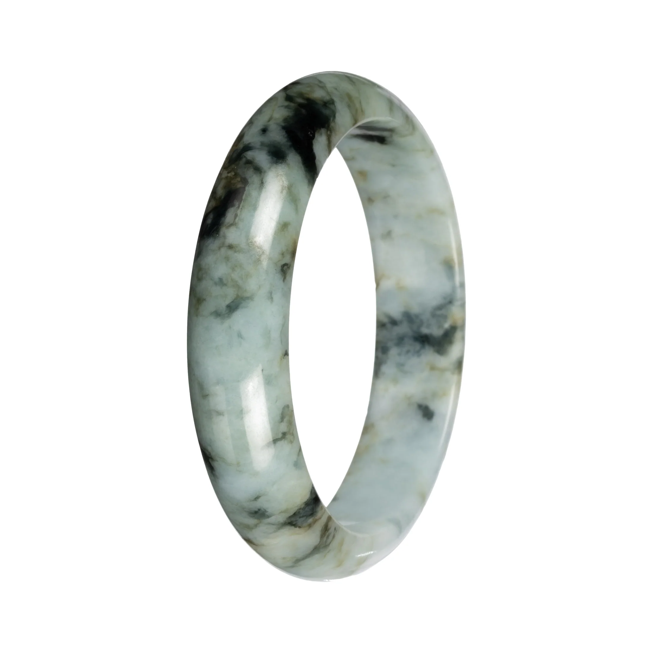 Untreated Light Green with Deep Green and Olive Green Pattern Traditional Jade Bangle - 55mm Half Moon - Image 2