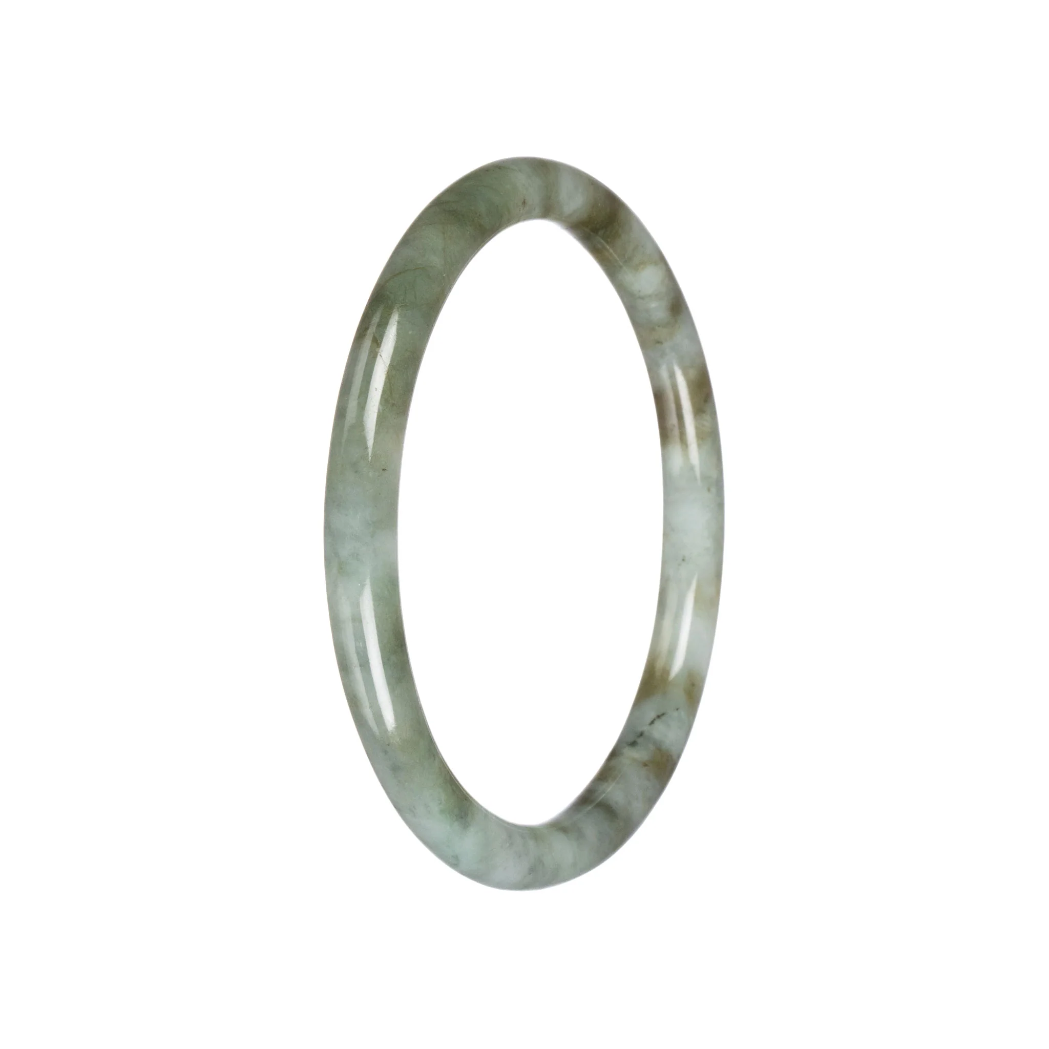 Untreated Light Grey with Olive Green Traditional Jade Bangle - 61mm Petite Round - Image 3