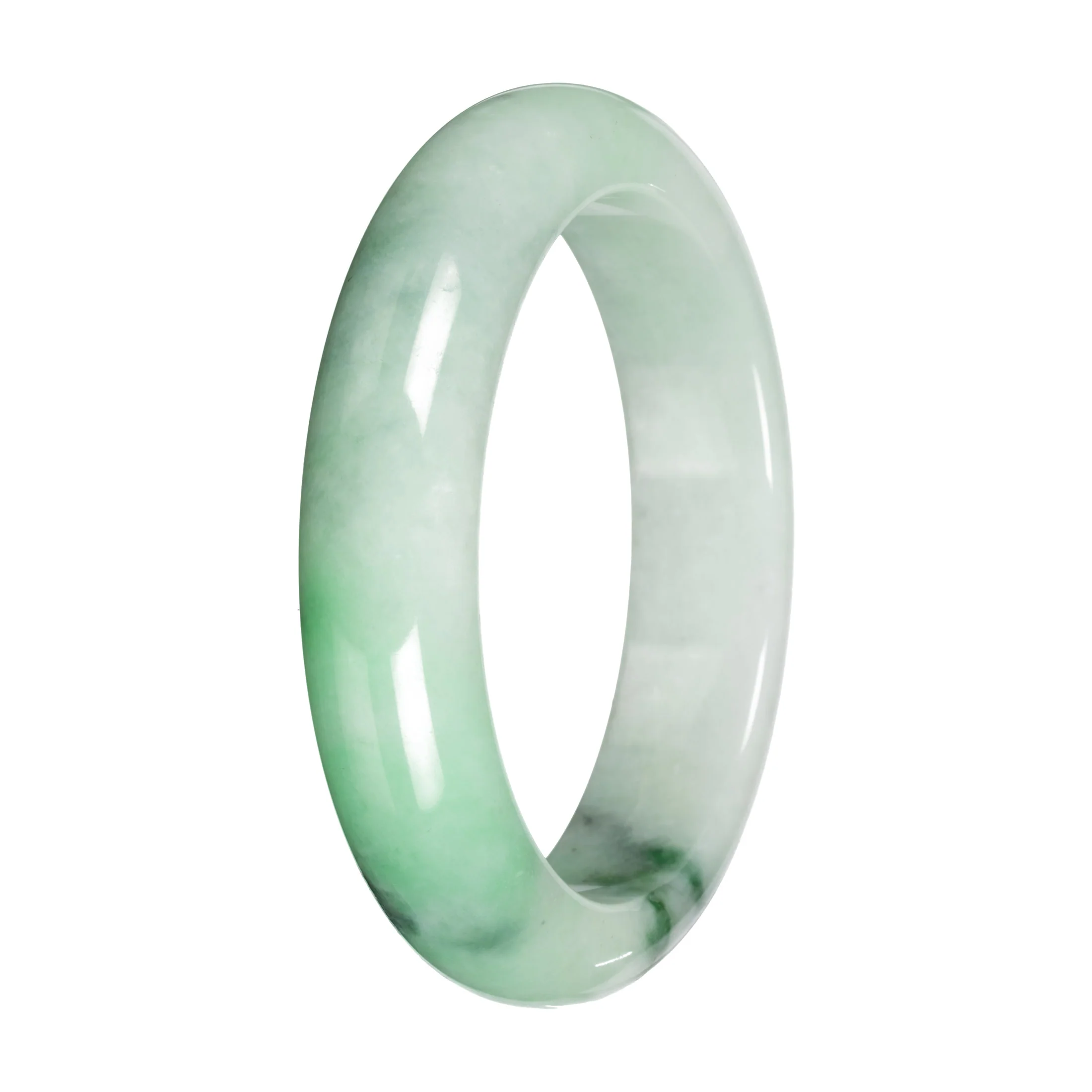 Untreated Pale Green with Apple Green and Green Pattern Burma Jade Bangle Bracelet - 57mm Half Moon - Image 2